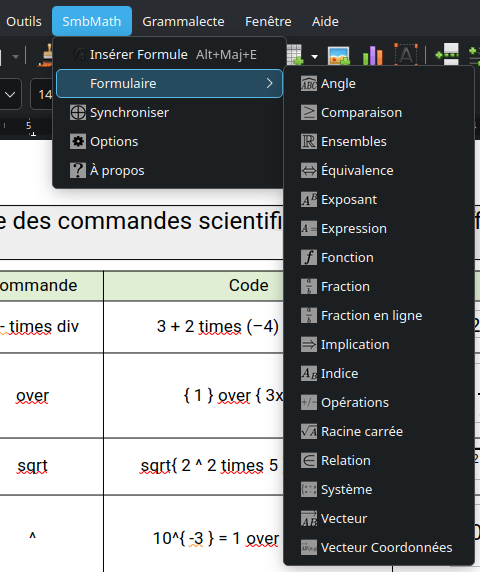 Le menu SmbMath ouvert dans LibreOffice Writer, avec le sous-menu Formulaire déplié