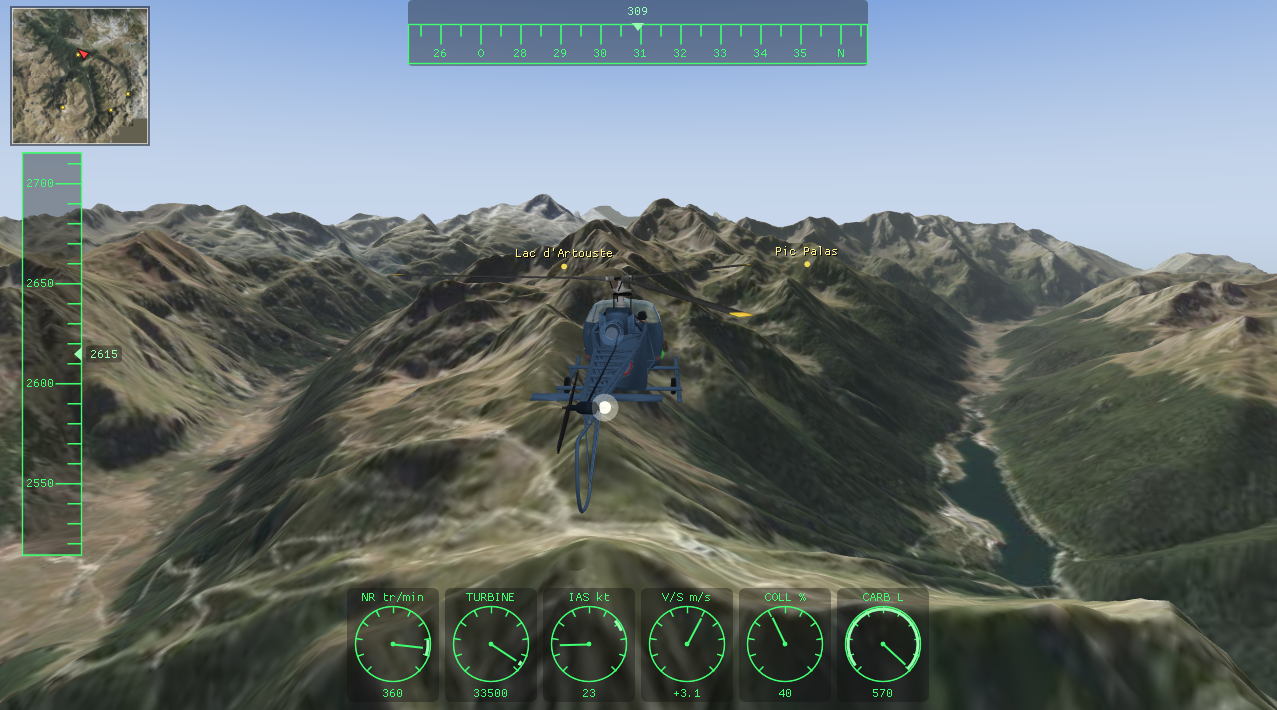 Alouette II en vol au-dessus de la vallée d'Ossau et du lac d'Artouste