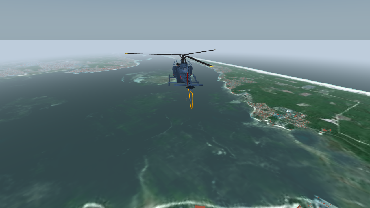 Alouette II vue de l'arrière au-dessus du bassin d'Arcachon, presqu'île du Cap Ferret et océan au fond