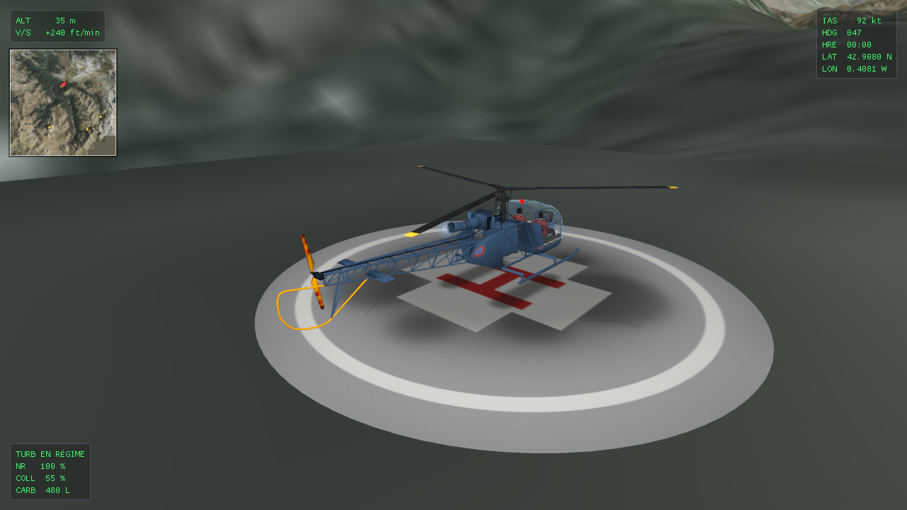 Alouette II posée sur un hélipad, mât rotor centré sur le H