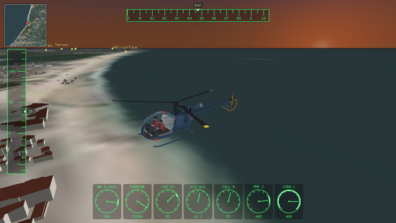 Alouette II au-dessus de la côte landaise et de la mer au coucher du soleil, HUD complet