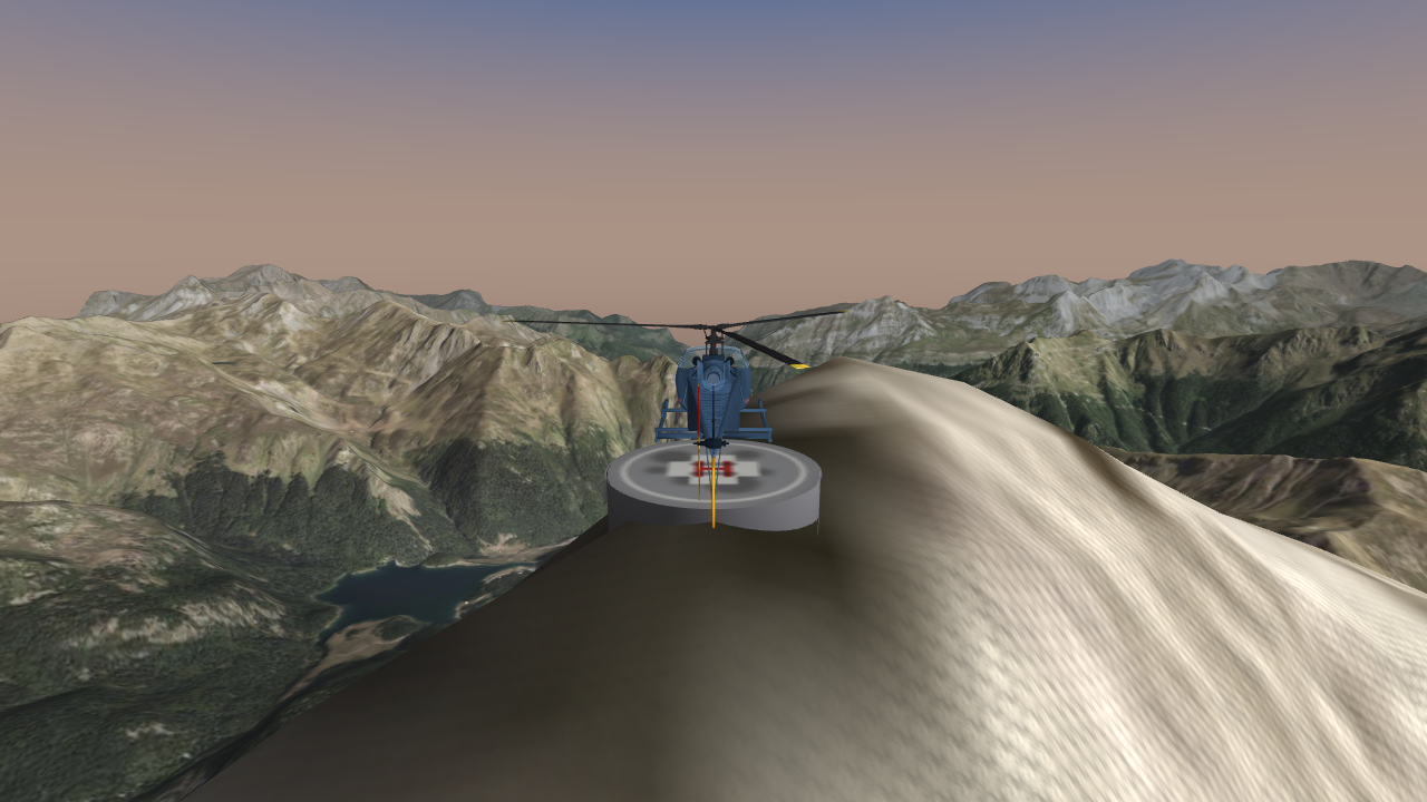 Alouette II en courte finale au-dessus de la plate-forme d'hélisurface perchée au sommet du pic du Midi d'Ossau, lac d'Artouste et Pyrénées au petit matin